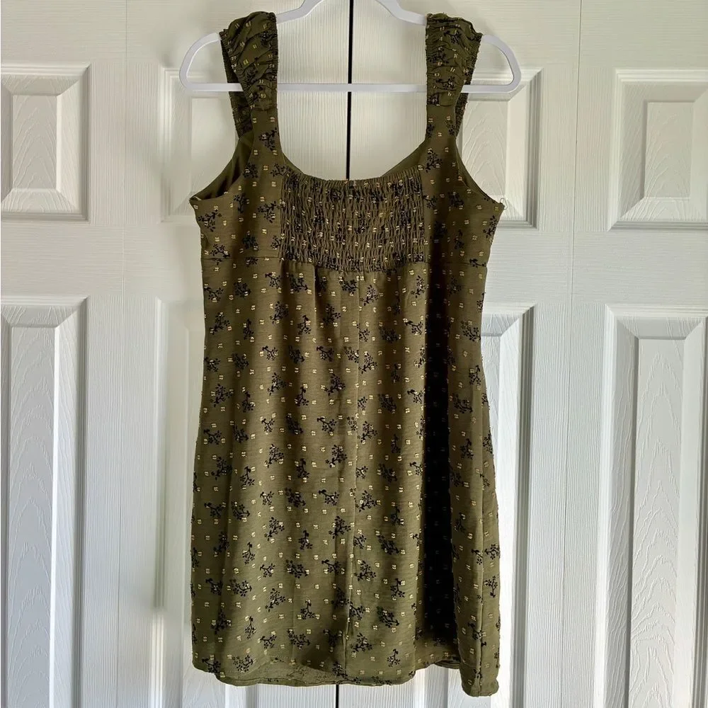 Kirious Mini Dress L Olive Green Floral Ruffle Strap Tie Front Boho Cottagecore